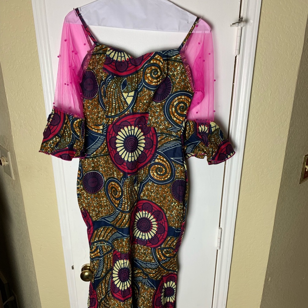 NEW Ankara dress with pink mesh sleeve